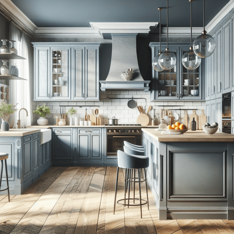 blaugraue Küche im Vintage Chic Stil-Düsseldorf